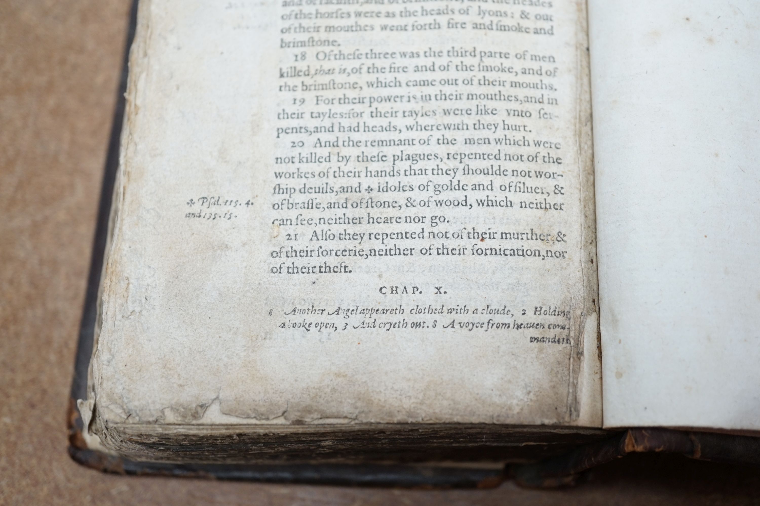 Geneva Bible [English]. - The Holy Bible, 8vo, contemporary calf, covers with lozenge shaped blind stamped device, lacking title, commences at leaf 3, concludes at leaf 445, end papers renewed, London, 1565.